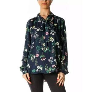 LOFT Floral Tie Neck Blouse Navy Size M